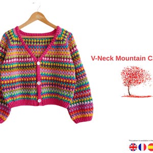 Patrón de crochet para cárdigan raglán con cuello en V / Suéter de arriba hacia abajo con botones / Tallas para bebés, niños y adultos S-XL - Cárdigan con cuello en V