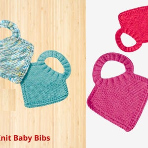 May include: Hand-knitted baby bibs in shades of blue, teal, and pink. The bibs have a square shape with a rounded handle at the top. The text "Knit Baby Bibs" is displayed in red at the bottom of the image.