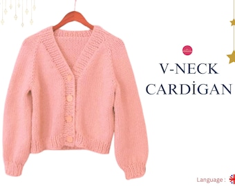 Patrón de tejido de cárdigan fácil, Patrón de suéter de punto para mujer, Patrón de cárdigan con cuello en V, Cárdigan atemporal: Cárdigan con cuello en V favorito de las niñas