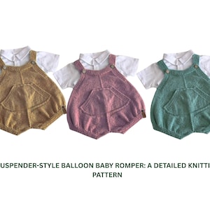 May include: Three knitted baby rompers in mustard yellow, dusty rose, and seafoam green, each paired with a white collared shirt. The rompers feature a suspender style and a front pocket. The image includes the text "SUSPENDER-STYLE BALLOON BABY ROMPER: A DETAILED KNITTING PATTERN."