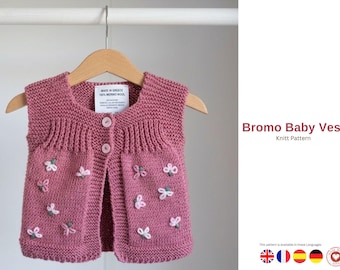 Patrón de chaleco de bebé Bromo – Chaleco sencillo de punto bobo – Patrón de punto con botones en la parte delantera en PDF – Ropa para bebé de 1 año – Chaleco para regalo de bebé