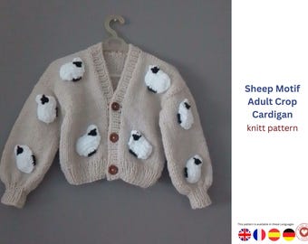 Sheep Motif Crop Cardigan Knitting Pattern – Cozy Handmade Style –Cute Appliqué Design – Adult Sizes S M- Sheep Cardigan Young Girls pattern
