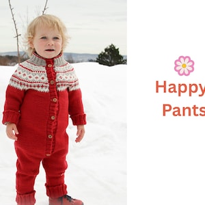 May include: A child wearing a red knit jumpsuit with a patterned yoke and button closure stands in the snow. The jumpsuit has a high collar and ribbed cuffs. The text "Happy-Pants" is displayed on the right.