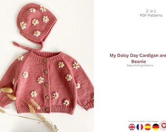 Daisy Baby Cardigan & Hat Knitting Pattern Set – Floral Baby Outfit – Make Childhood Memories – Baby Gift- Daisy Cardigan Jacket and Beanie