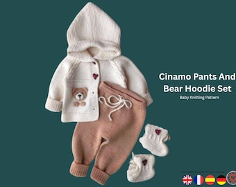 Conjunto de pantalones Cinamo y sudadera con capucha de oso: un conjunto acogedor para bebé: crea recuerdos de la infancia, tejido para sesión de fotos, regalo para bebé, conjunto de patrones de tejido sorpresa para bebé.