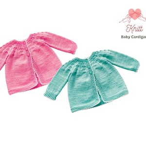 May include: Two knitted baby cardigans, one pink and one teal, are displayed. The cardigans have long sleeves and button closures. The image includes the text "Knitt Baby Cardigan" in a stylized font with a heart and hands logo.