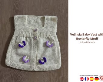 Velinsia Baby Vest Knitting Pattern – Butterfly Motif Cardigan PDF – 1 Year Baby Knit Vest – Instant Download- Baby Butterfly Vest Gift