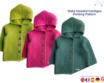 Baby Cardigan mit Kapuze Strickmuster, nahtloser Babypullover mit Kapuze, Kleinkindjacke PDF, Größen 6–12 Monate, 1–2 Jahre, 2–3 Jahre