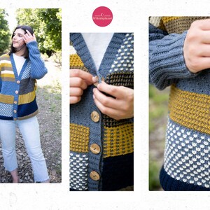 Op de afbeelding: Een blauwe, gele en witte gestreepte cardigan met een patchwork-ontwerp en houten knopen. De cardigan is gemaakt van een zacht, getextureerd garen.