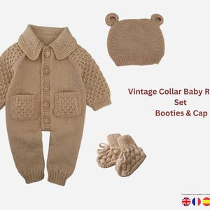 May include: A tan knitted baby romper set with a collar, button closure, and pockets. The set includes a matching cap with bear ears and booties. The image text reads "Vintage Collar Baby Romper Set Booties & Cap."