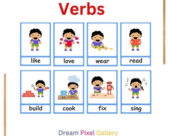 Cartes de vocabulaire - Activité de verbes pour le préscolaire - Cartes de verbes - Cartes de vocabulaire - Verbes en anglais - Cadeaux - Bingo des verbes - Activité d'école à la maison - Activité pour les parents