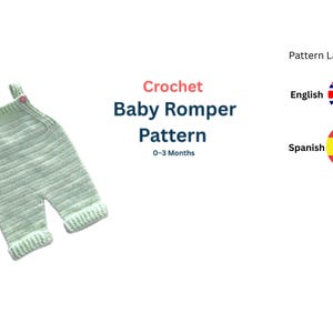 Puede incluir: Un patrón de pelele de bebé tejido a ganchillo en verde claro y blanco, con botones rosas. El texto dice: "Crochet Baby Romper Pattern 0-3 Months". Disponible en inglés y español.