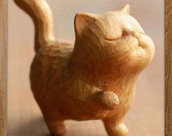 Mini figurine de chat en bois massif sculptée à la main en bois massif