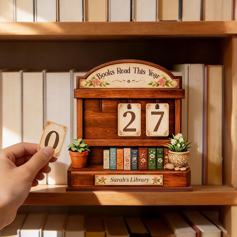 以下が含まれることがあります： 「Books Read This Year」の文字と日付「27」が表示された、本棚スタイルの木製カレンダー。 ミニチュアの本と小さな鉢植えの植物が置かれた棚があります。「Sarah's Library」の文字も表示されています。