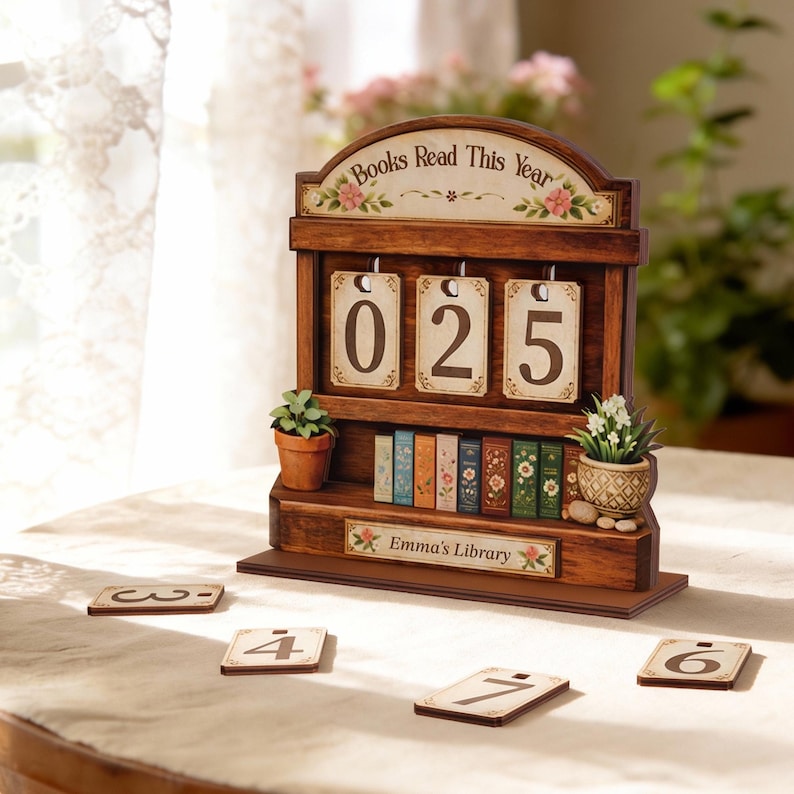 以下が含まれることがあります： 「Books Read This Year」と「Emma's Library」の文字が入った木製の本棚スタイルのカウンター。カウンターには「025」が表示され、ミニチュアの本と鉢植えの植物が含まれています。追加の数字タイルが散らばっています。