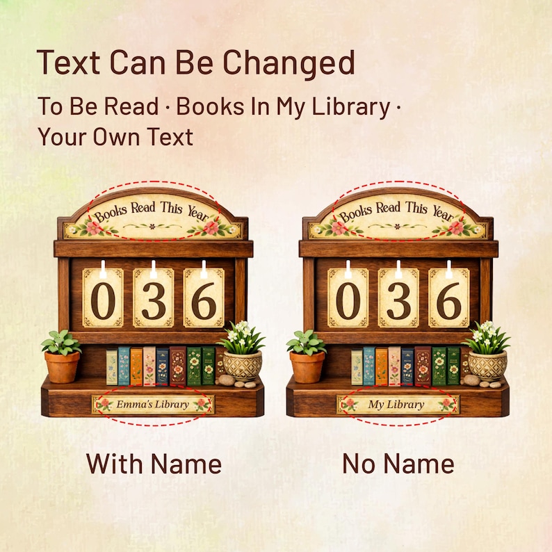 以下が含まれることがあります： 「Books Read This Year」の文字が上にある、2つの木製ブックカウンター。各カウンターには「036」が表示されています。1つは下に「Emma's Library」、もう1つは「My Library」と表示されています。「Text Can Be Changed」の文字が上部にあります。