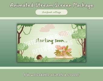 4 pantallas animadas de Twitch acogedoras / Storybook Cottage / Cozy Twitch Overlay, Kawaii, Lindo, Cottage Core Stream Overlay / Youtube, Twitch
