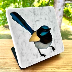 Superb Blue FairyWren Glass Art with stand - Made from Natural Marble and glass