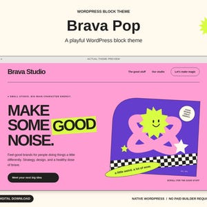 Brava Pop WordPress Block Theme, Colorful Creative Portfolio Website Template, Digital Download