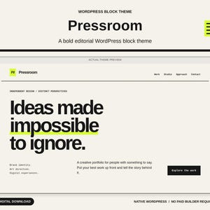Puede incluir: Una vista previa digital del tema de bloques de WordPress Pressroom con un fondo beige claro y texto negro. El diseño muestra el titular Ideas made impossible to ignore, enlaces de navegación y un botón Explore the work.