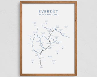 Poster imprimé Trek du camp de base de l'Everest, art mural carte de randonnée, cadeau d'alpiniste, art du sentier, design minimaliste, expédition rapide dans le monde entier