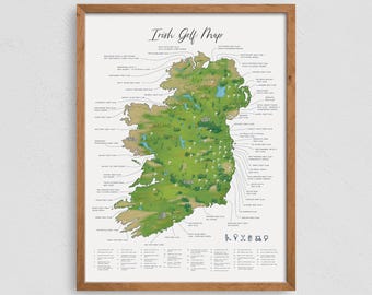 Impression d'affiche de carte de golf irlandais, parcours de golf d'Irlande, art mural, cadeau pour golfeur, expédition rapide dans le monde entier, 18 x 24