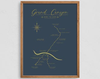 Impression d'affiche de carte du sentier Rim to Rim, cadeau de randonnée, art mural du Grand Canyon Rim to Rim, design minimaliste, expédition rapide dans le monde entier