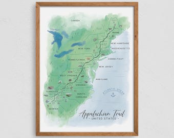 AppalachianTrail Karte Druck, Wander Poster Geschenk Wandkunst, AT Wanderspur, schneller weltweiter Versand, 18x24
