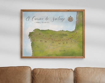 Le Chemin de Saint-Jacques-de-Compostelle, Frances, sentier de randonnée, carte, affiche d'art mural, cadeau Chemin de Saint-Jacques de Compostelle, expédition rapide dans le monde entier, 24 x 18