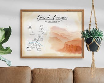 Rim to Rim Wanderkarte mit Canyon Aquarell Kunst, Wanderkarte, Posterdruck, Grand Canyon, Wandkunst Geschenk, schneller Versand weltweit, 60x45 cm
