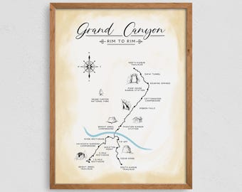 Rim-to-Rim Karte, Wanderkarte, Poster, Grand Canyon, Wandkunst Geschenk, schneller weltweiter Versand, 18x24