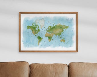 Carte du monde de plongée – Poster de plongée sous-marine et oeuvre d'art murale pour plongeurs. 16 x 24