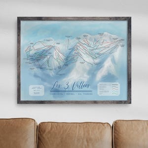Les 3 Vallees Three Valleys, skipistekaart Art Poster Print, Courchevel, Meribel, Val Thorens, snelle wereldwijde verzending