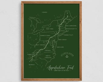 Affiche de carte du sentier des Appalaches, impression d'art mural randonnée, cadeau de sentier de randonnée AT, design minimaliste, expédition rapide dans le monde entier