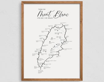 Impression d'affiche de carte du sentier du Tour du Mont Blanc, art mural de carte des sentiers de randonnée, randonnée du Tour du Mont Blanc, design minimaliste, expédition rapide dans le monde entier