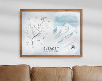 Everest Base Camp Trek Karte Wand Kunst, Wanderkarte Poster Druck, Weg Kunst Geschenk, Bergsteiger Geschenk, schneller Weltweiter Versand, 24x18