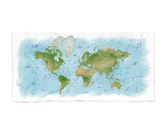 Serviette de plage carte du monde de la plongée - Serviette de voyage de plongée sous-marine pour plongeurs