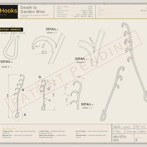 May include: A technical engineering drawing of a HempHooks progressive branch training system. The diagram displays multiple views of a hook with a 3-stage anchor, 4 talon hooks, and an S-curve spine, including detailed dimensions and patent pending text.