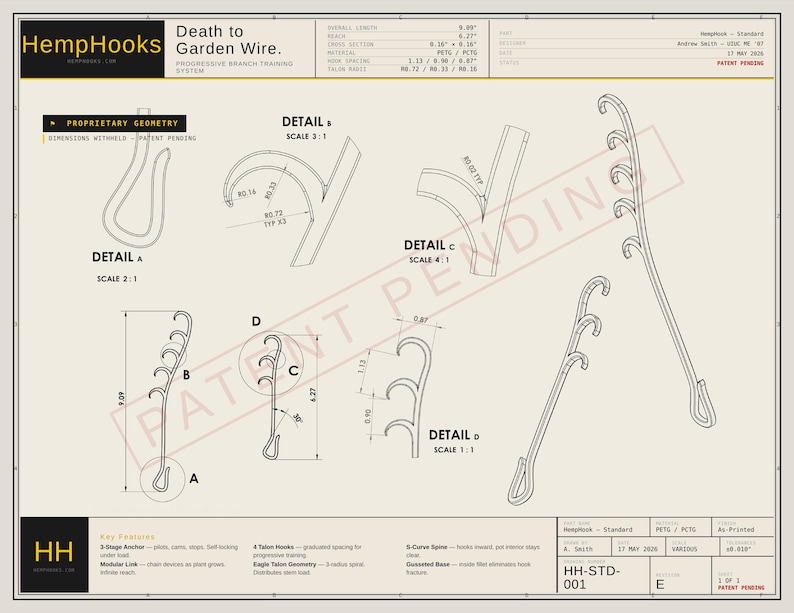 May include: A technical engineering drawing of a HempHooks progressive branch training system. The diagram displays multiple views of a hook with a 3-stage anchor, 4 talon hooks, and an S-curve spine, including detailed dimensions and patent pending text.