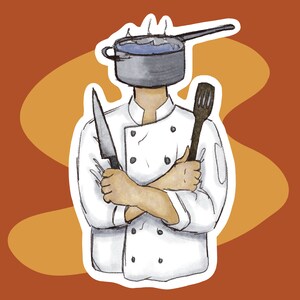 May include: A cartoon chef with a pot on their head, holding a knife and a wooden spoon. The chef is wearing a white chef's coat.