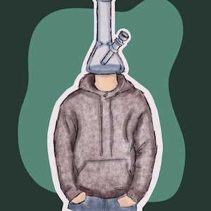 Puede incluir: Una ilustración de dibujos animados de una persona con una sudadera gris y pantalones vaqueros azules con una pipa de agua de vidrio que reemplaza su cabeza.