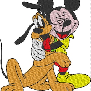 Könnte beinhalten: Eine Cartoon-Illustration von Mickey Mouse und Pluto, die sich umarmen. Mickey trägt ein gelbes Hemd und rote Shorts. Pluto trägt ein rotes Halsband und ein braunes und gelbes gestreiftes Hemd.