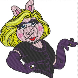 May include: A cartoon pig wearing a black dress with purple sleeves and a pearl necklace. The pig has blonde hair and pink skin.