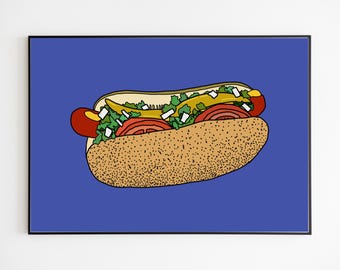 May include: A cartoon illustration of a hot dog on a blue background. The hot dog is topped with mustard, relish, onions, and tomatoes.