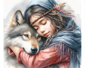 Into the Wild, Digital Painting by James Coxe. Girl and Wolf. Watercolor PRINT.