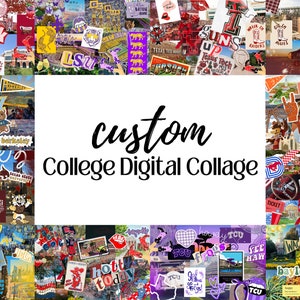 May include: A digital collage featuring various college logos and imagery, including the words "custom College Digital Collage". The collage includes logos from universities such as Texas A&M, LSU, UCLA, and Baylor.
