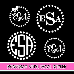 May include: Four white vinyl decals on a black background, each featuring the letters ESA in different fonts enclosed within a dotted circle. One design includes a small bow graphic. The text MONOGRAM VINYL DECAL STICKER appears at the bottom.