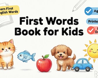 First Words Book for Toddlers, Preschool English Vocabulary Workbook, Toddler Flash Cards Activity, Early Learning Printable PDF