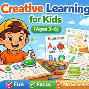 May include: A colorful illustration promoting creative learning for kids aged 3-6. The image features a smiling cartoon boy holding a pencil and a beaker. Educational materials like alphabet and number charts, along with crayons and a notebook, are displayed.
