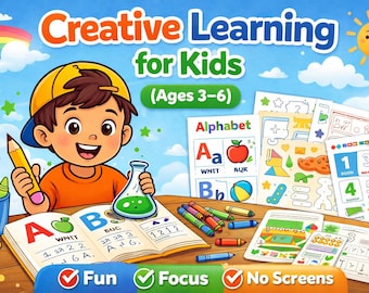 May include: A colorful illustration promoting creative learning for kids aged 3-6. The image features a smiling cartoon boy holding a pencil and a beaker. Educational materials like alphabet and number charts, along with crayons and a notebook, are displayed.
